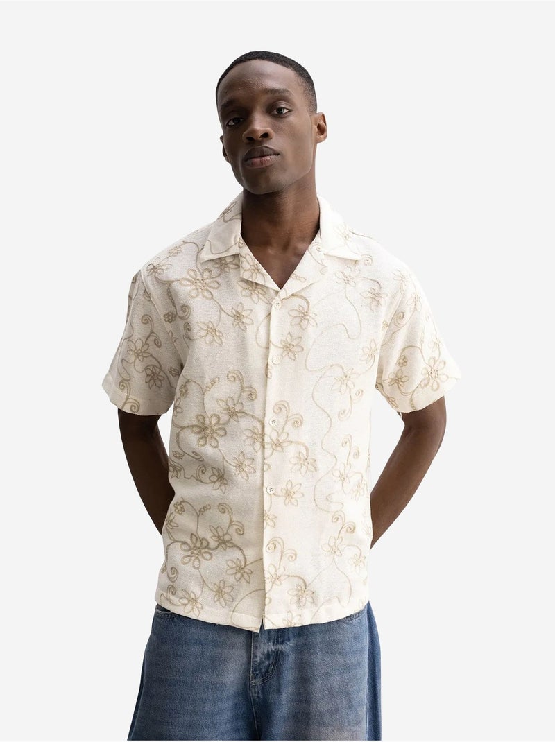 Camisa de manga corta bordada de popelín de algodón giesto Beige natural - Kiabi
