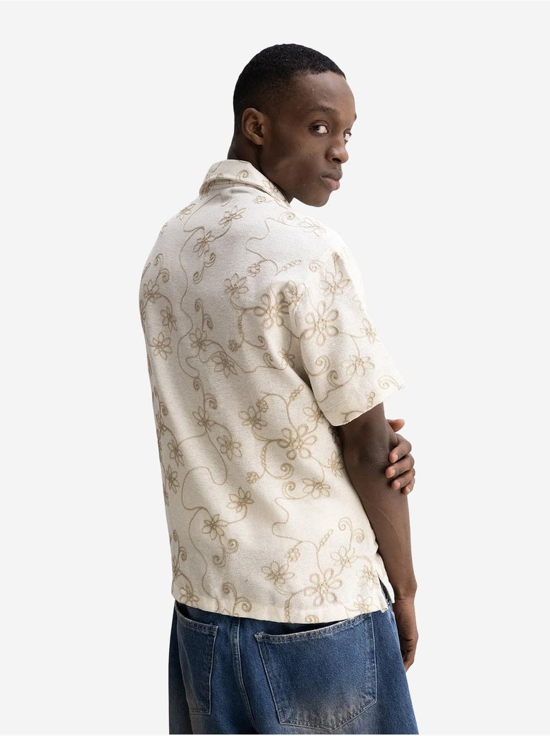 Camisa de manga corta bordada de popelín de algodón giesto Beige natural - Kiabi