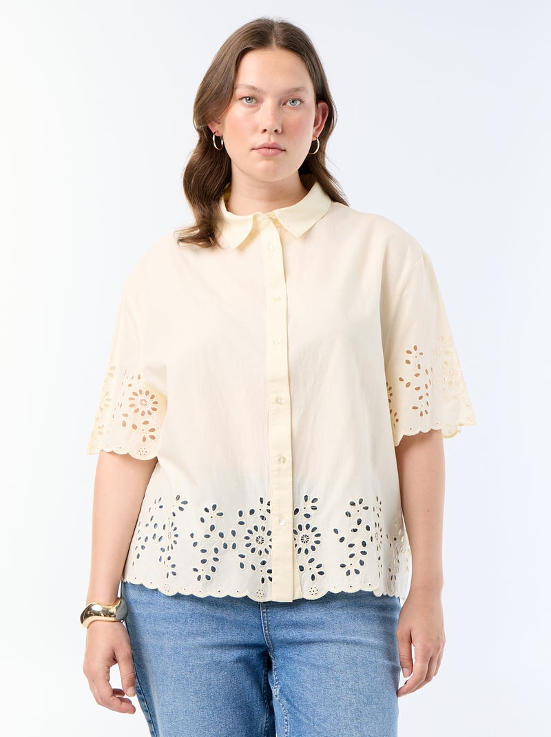 Camisa de manga corta con bordado calado Amarillo - Kiabi