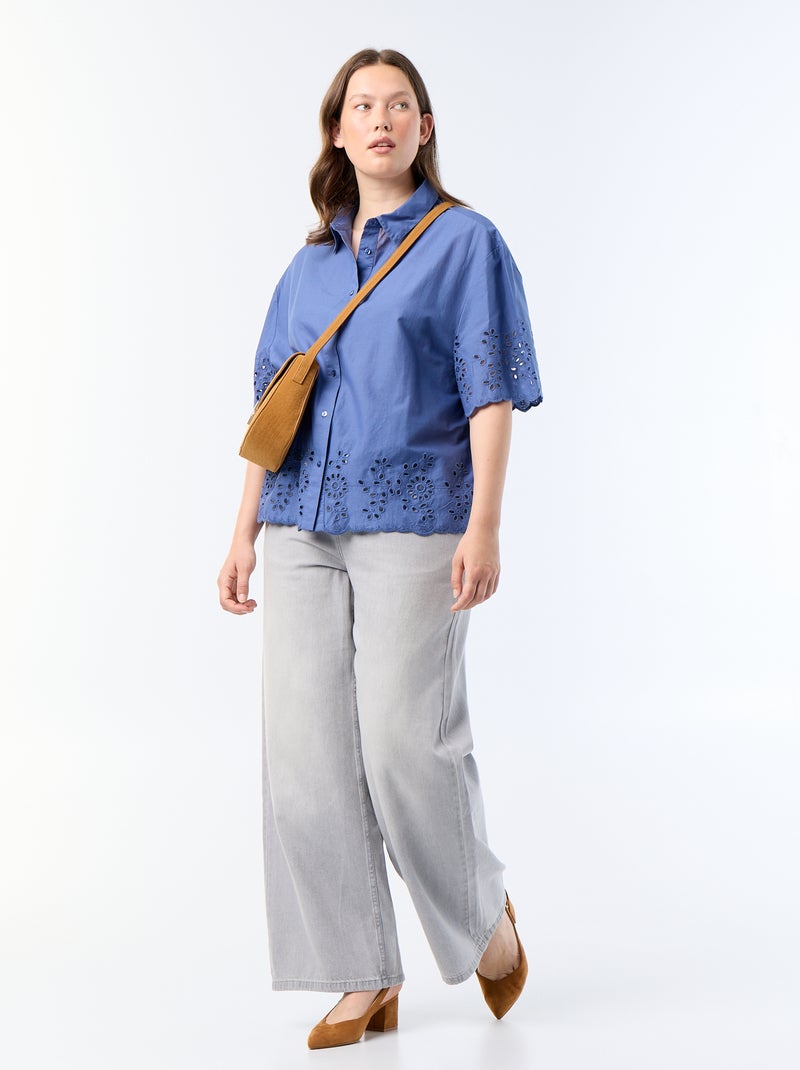 Camisa de manga corta con bordado calado Azul - Kiabi