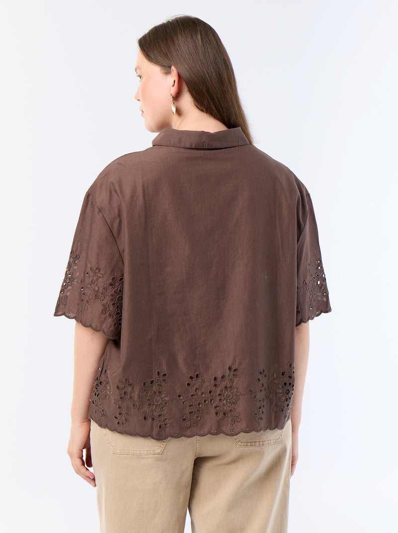 Camisa de manga corta con bordado calado Marron - Kiabi