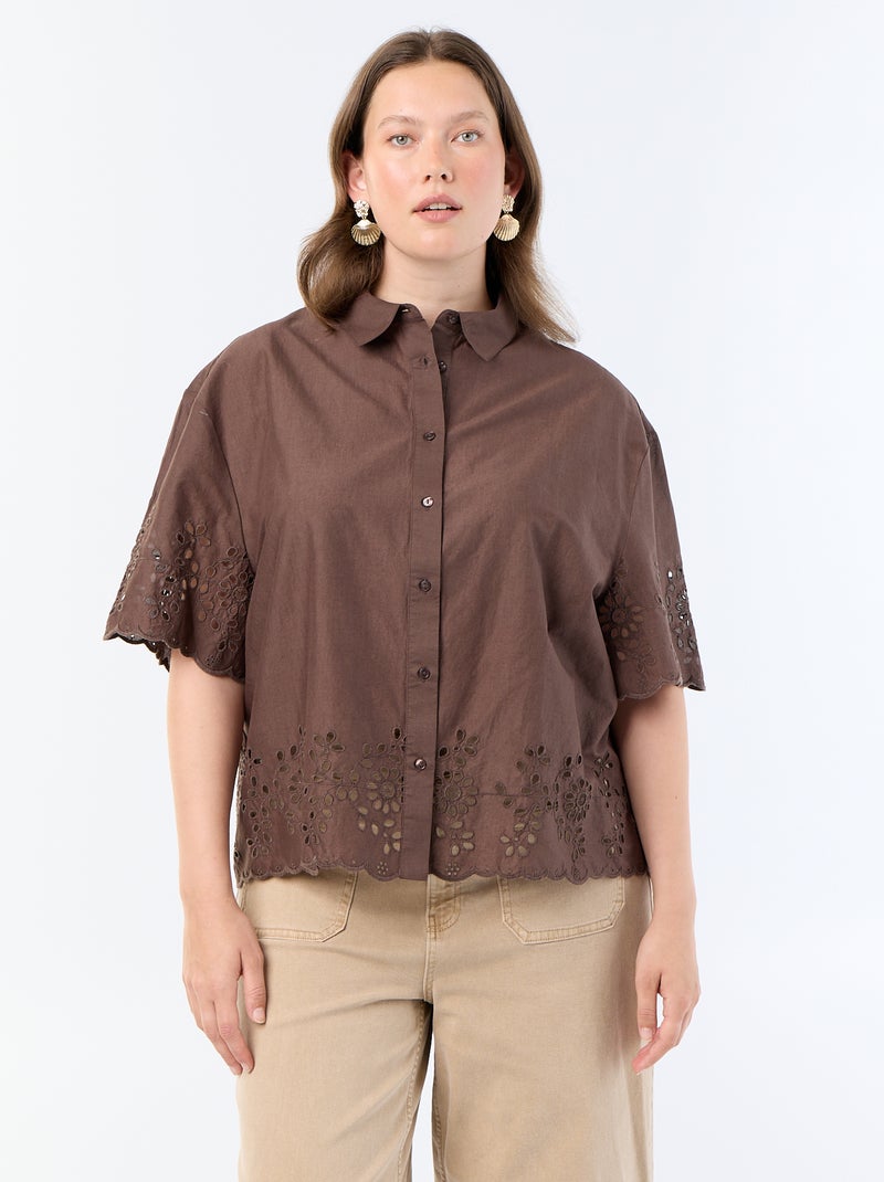 Camisa de manga corta con bordado calado Marron - Kiabi