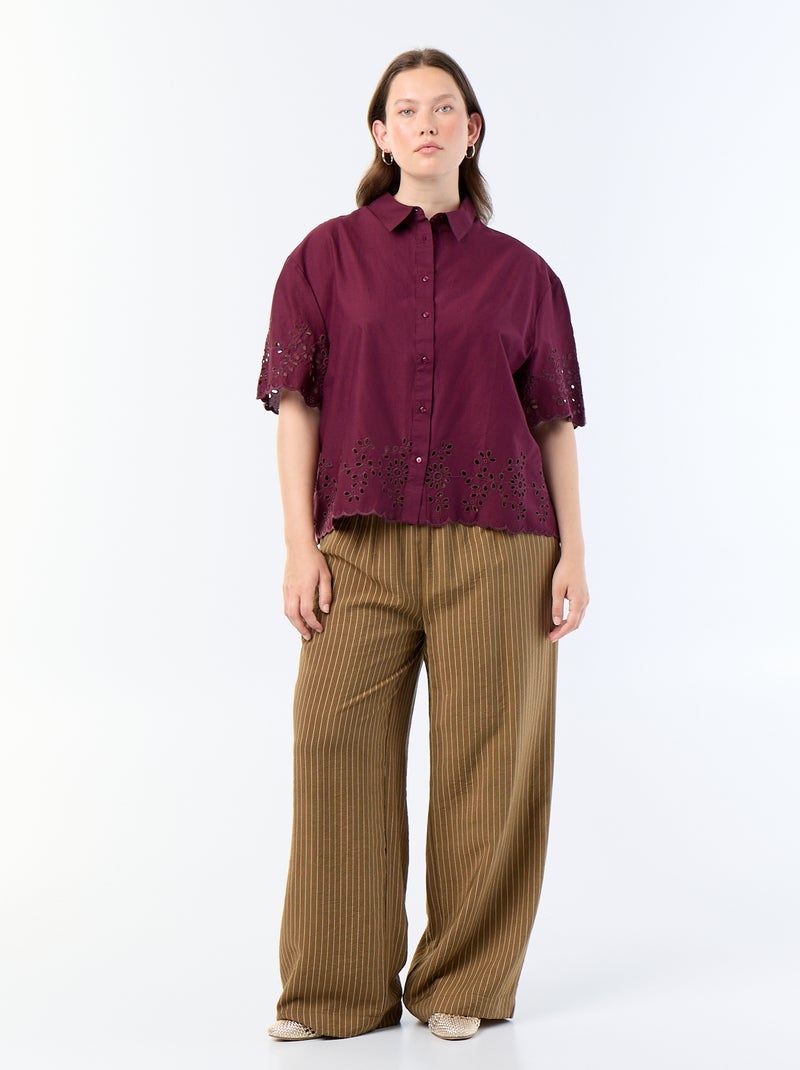 Camisa de manga corta con bordado calado Morado - Kiabi