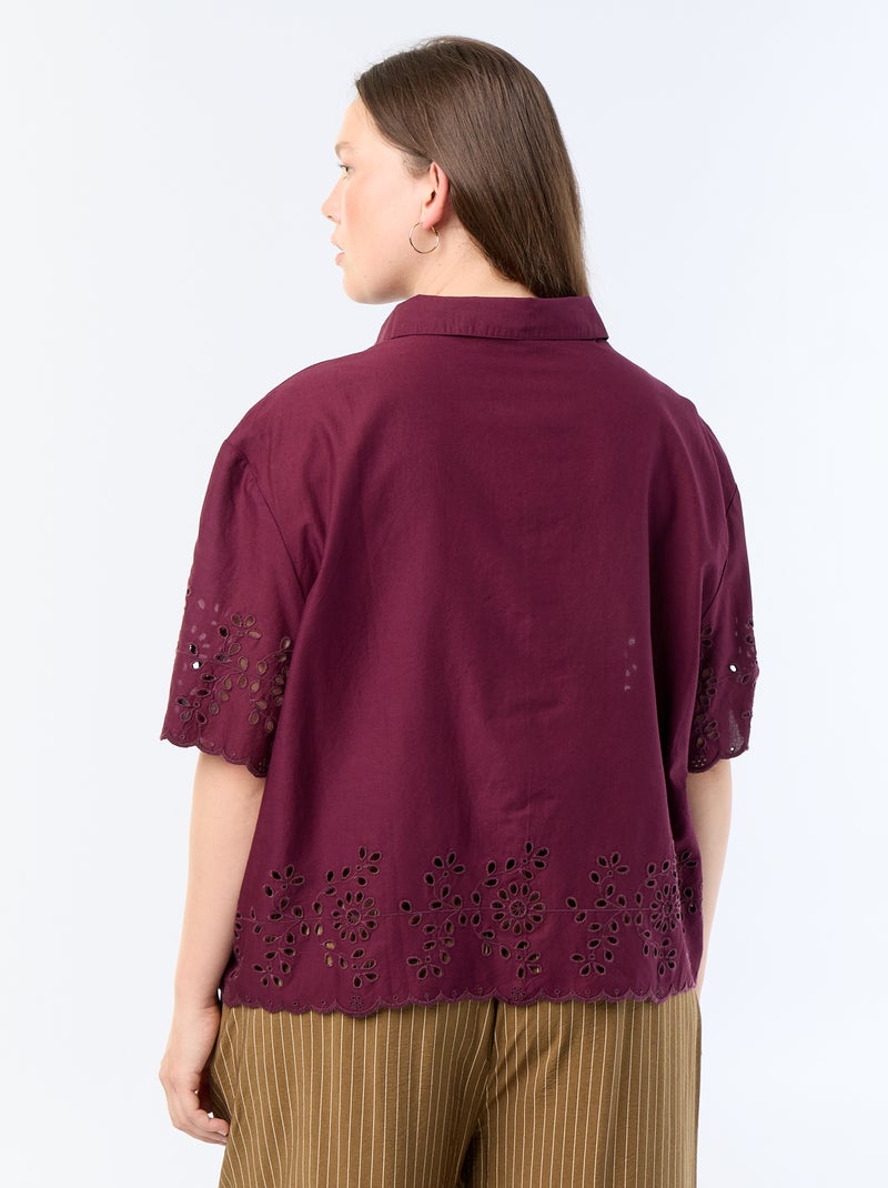 Camisa de manga corta con bordado calado Morado - Kiabi