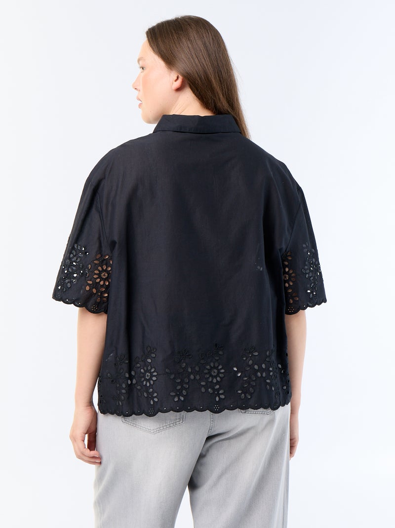 Camisa de manga corta con bordado calado Negro - Kiabi