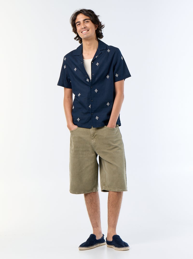 Camisa de manga corta con bordados Azul - Kiabi