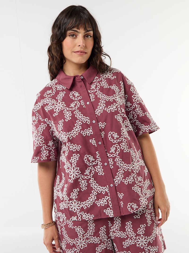 Camisa de manga corta con bordados Rosa - Kiabi