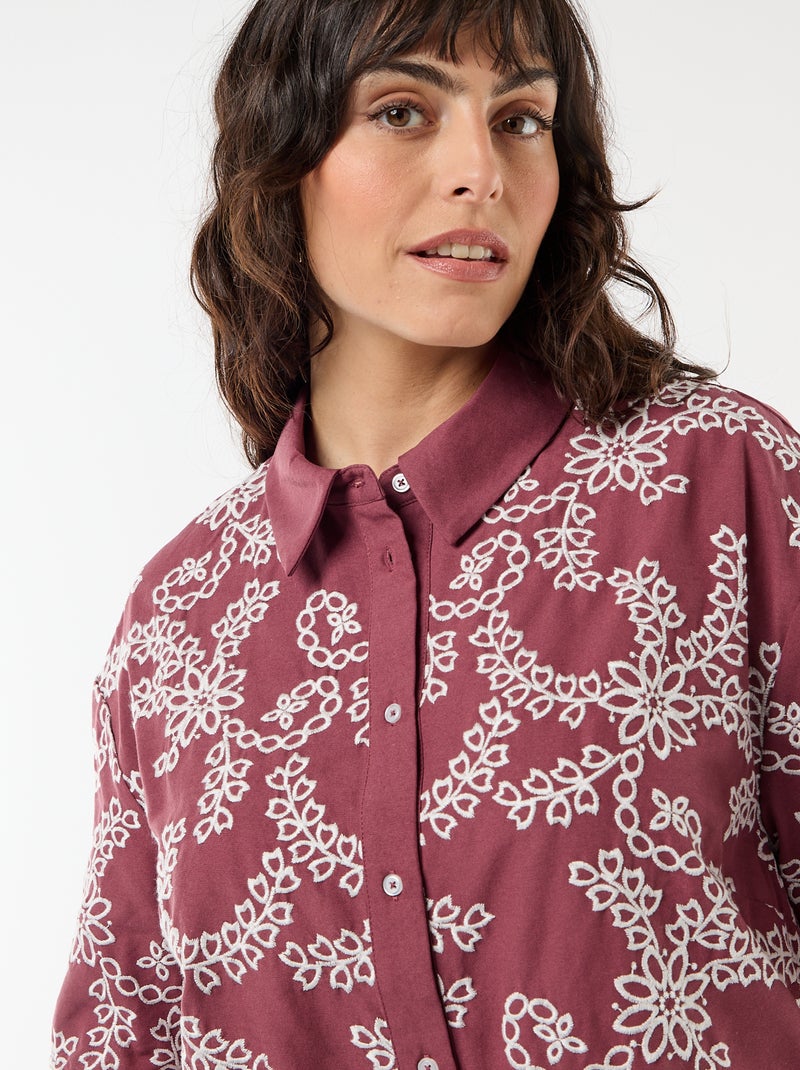 Camisa de manga corta con bordados Rosa - Kiabi