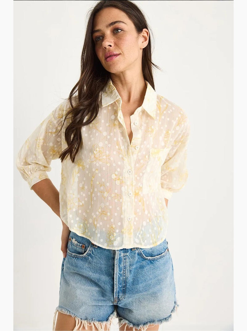 Camisa de manga corta con botones y bolsillo en jacquard floral lucci Amarillo limón - Kiabi