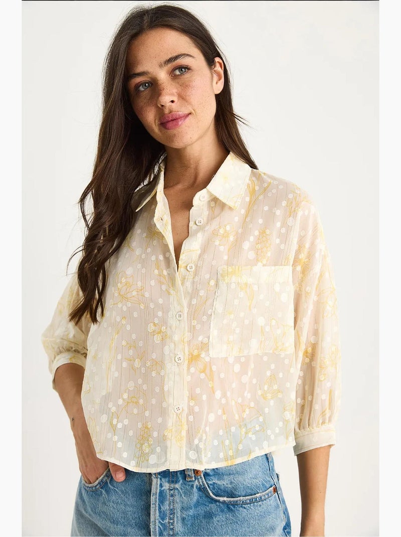 Camisa de manga corta con botones y bolsillo en jacquard floral lucci Amarillo limón - Kiabi