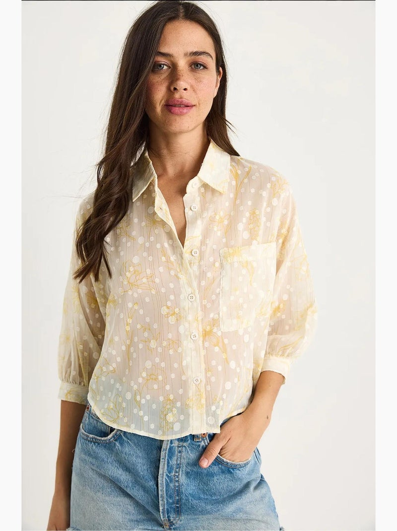 Camisa de manga corta con botones y bolsillo en jacquard floral lucci Amarillo limón - Kiabi