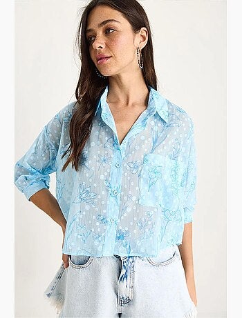 Camisa de manga corta con botones y bolsillo en jacquard floral lucci