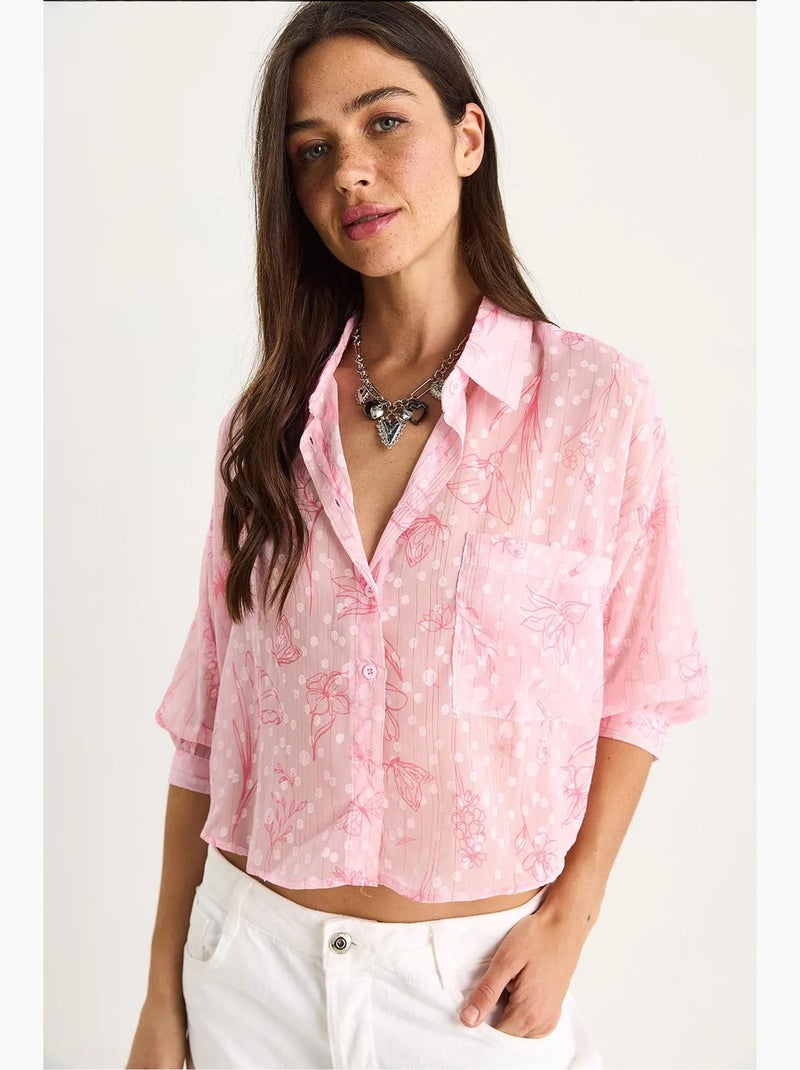 Camisa de manga corta con botones y bolsillo en jacquard floral lucci Rosa claro - Kiabi