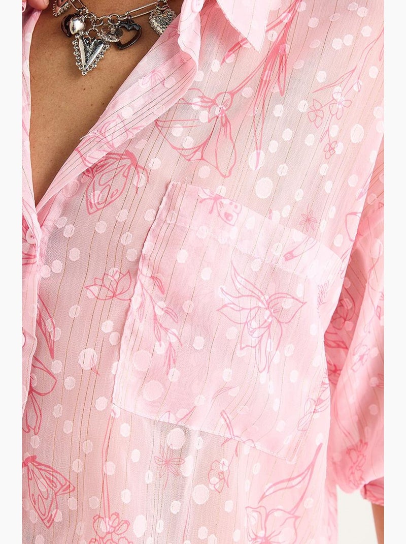 Camisa de manga corta con botones y bolsillo en jacquard floral lucci Rosa claro - Kiabi