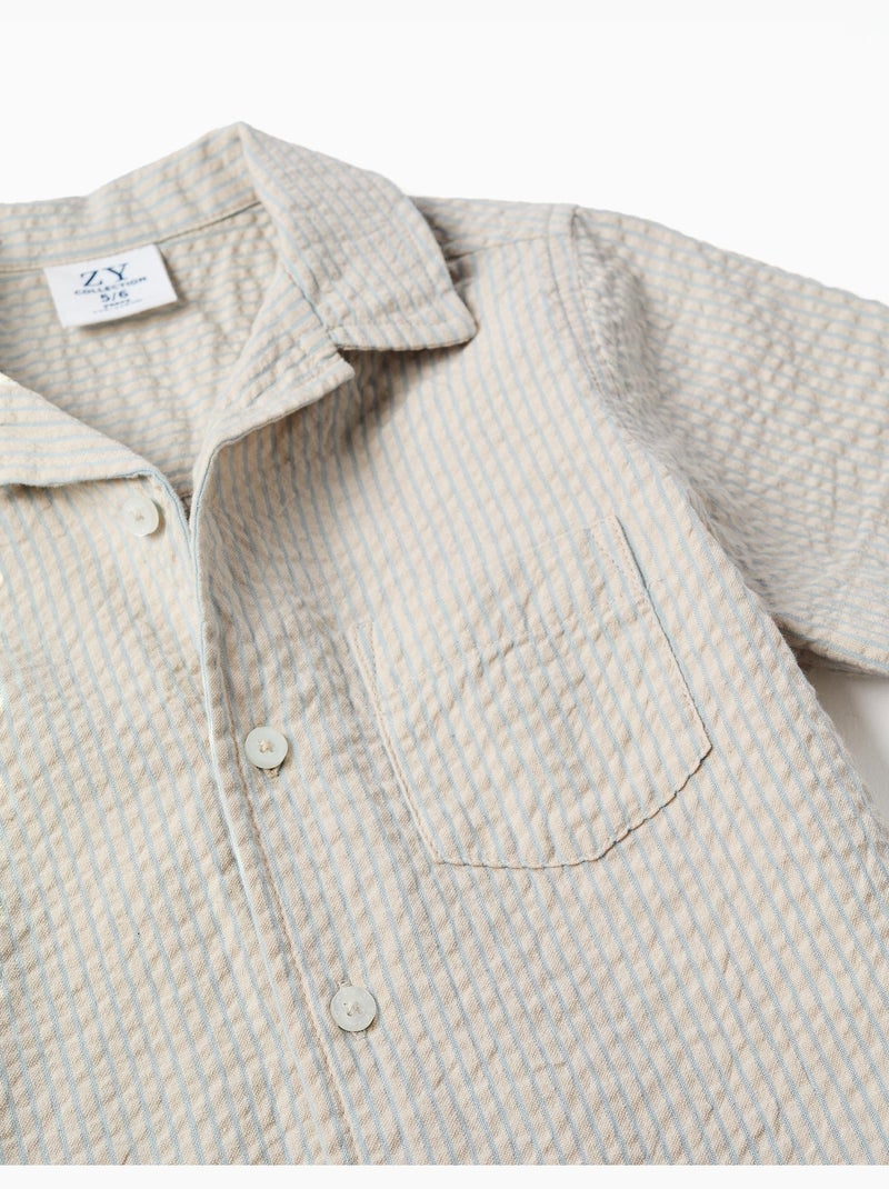 Camisa de manga corta de algodón a rayas Beige claro - Kiabi
