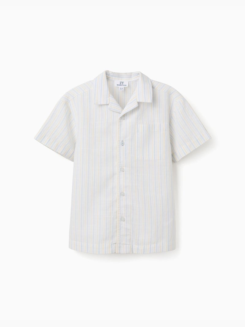 Camisa de manga corta de algodón a rayas B&S Azul claro - Kiabi