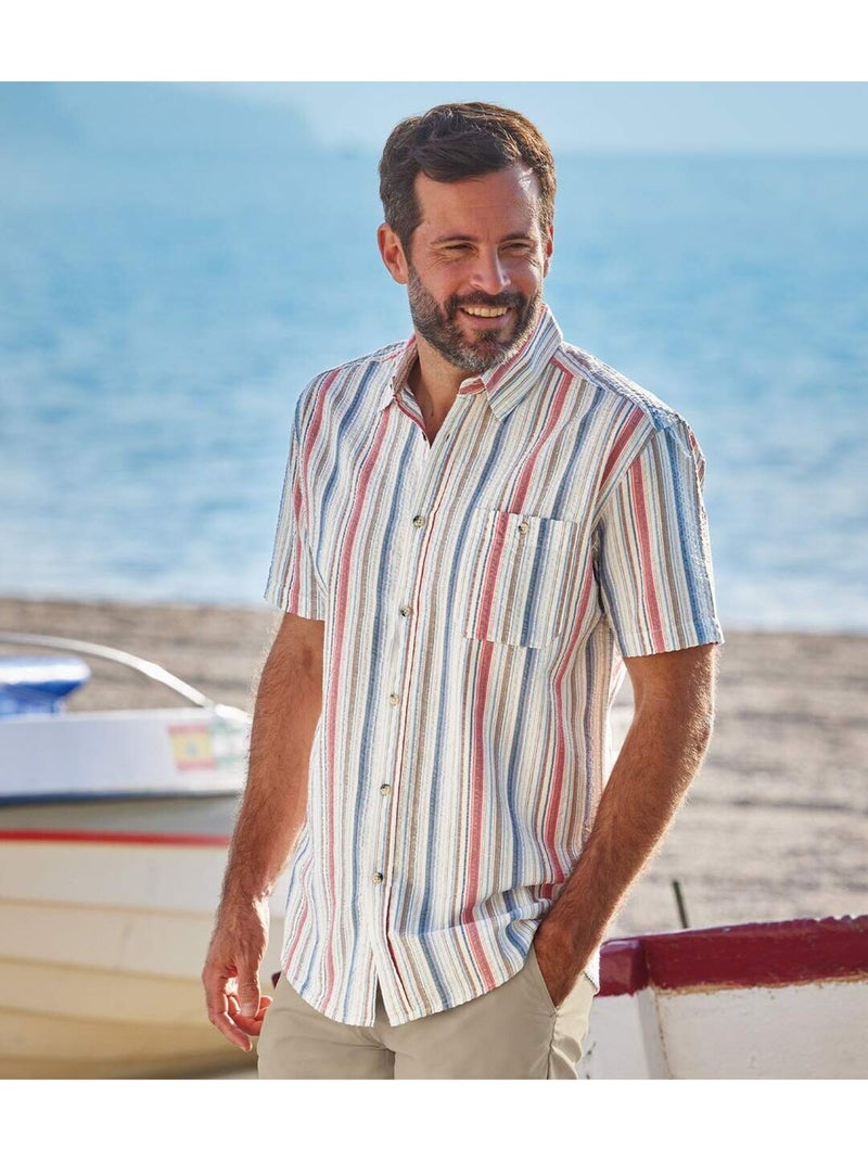 Camisa de manga corta de algodón a rayas efecto gofrado bayadera Blanco Beige - Kiabi
