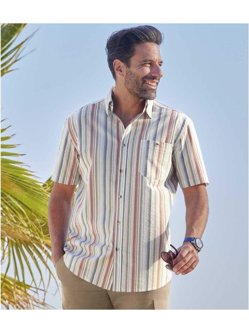 Camisa de manga corta de algodón a rayas efecto gofrado bayadera Blanco Beige - Kiabi