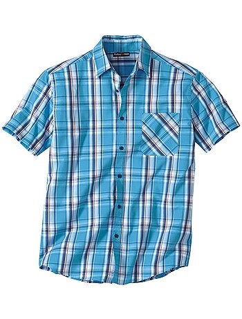 Camisa de manga corta de cuadros stretch de popelín con cuello de puntas libres