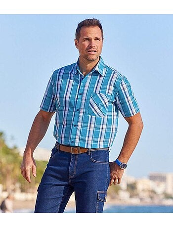 Camisa de manga corta de cuadros stretch de popelín con cuello de puntas libres
