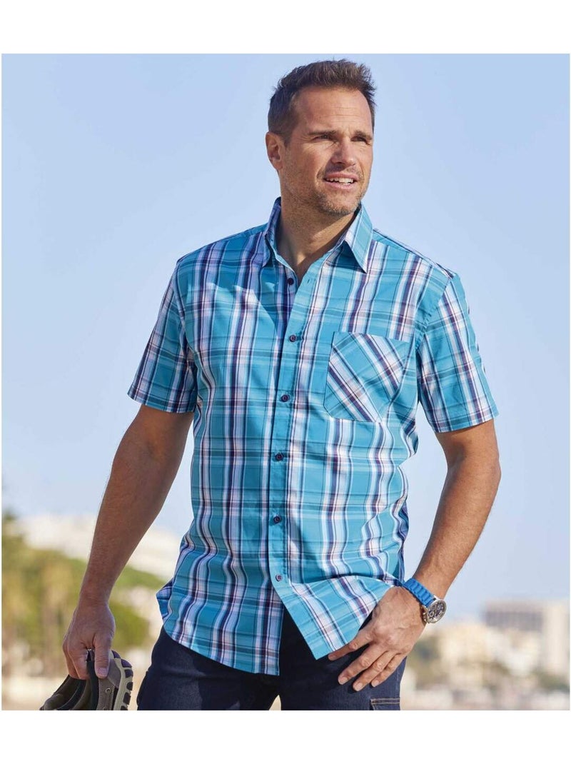Camisa de manga corta de cuadros stretch de popelín con cuello de puntas libres Azul - Kiabi