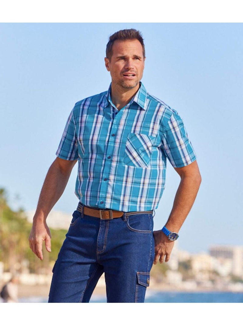 Camisa de manga corta de cuadros stretch de popelín con cuello de puntas libres Azul - Kiabi