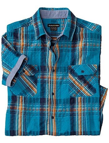 Camisa de manga corta de cuadros tejidos con cuello de puntas libres