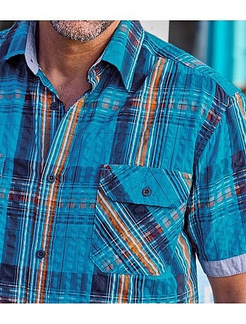 Camisa de manga corta de cuadros tejidos con cuello de puntas libres
