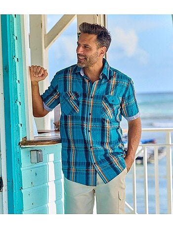 Camisa de manga corta de cuadros tejidos con cuello de puntas libres