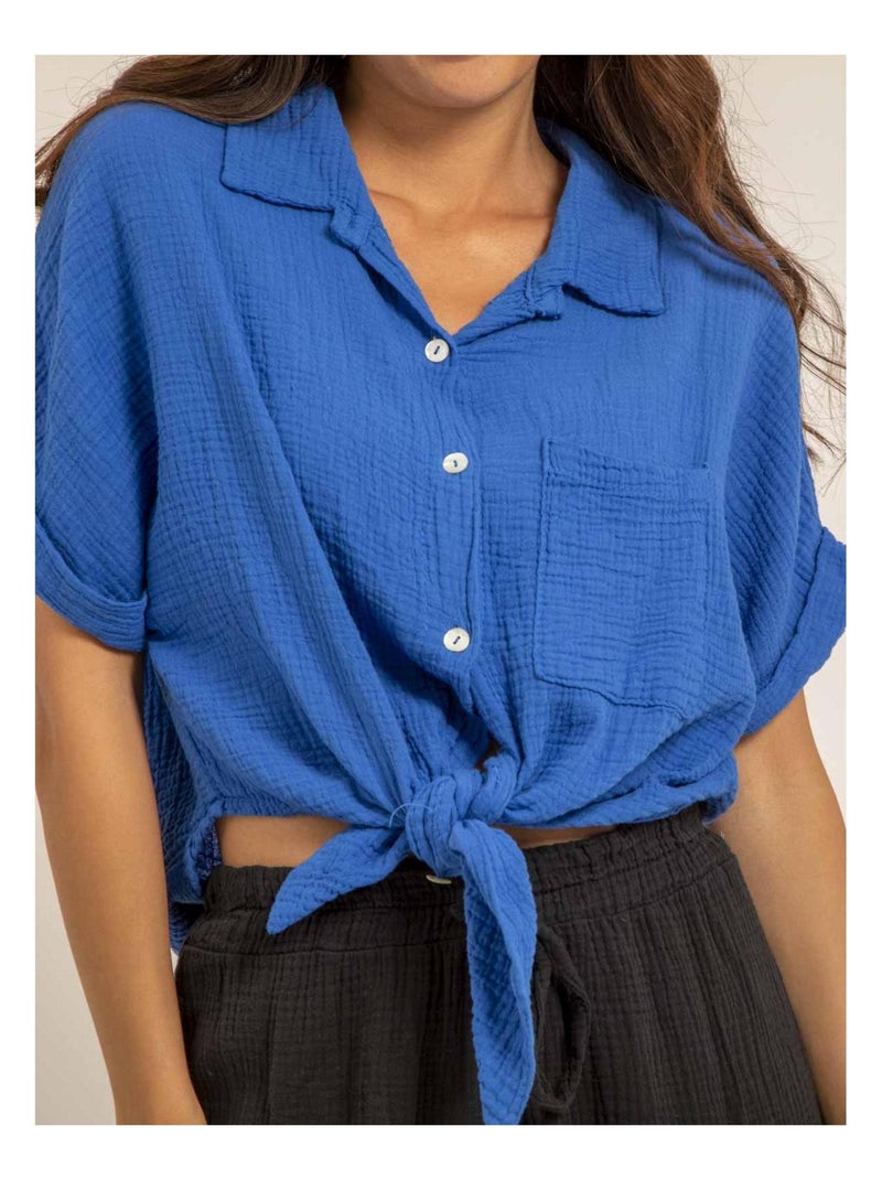 Camisa de manga corta de gasa de algodón ODETTE Azul real - Kiabi