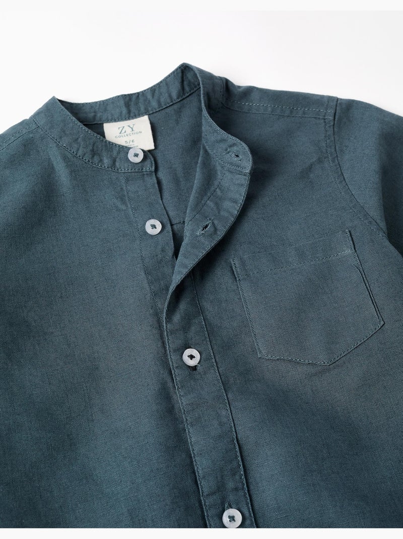Camisa de manga corta de lino y algodón con bolsillo Azul oscuro - Kiabi