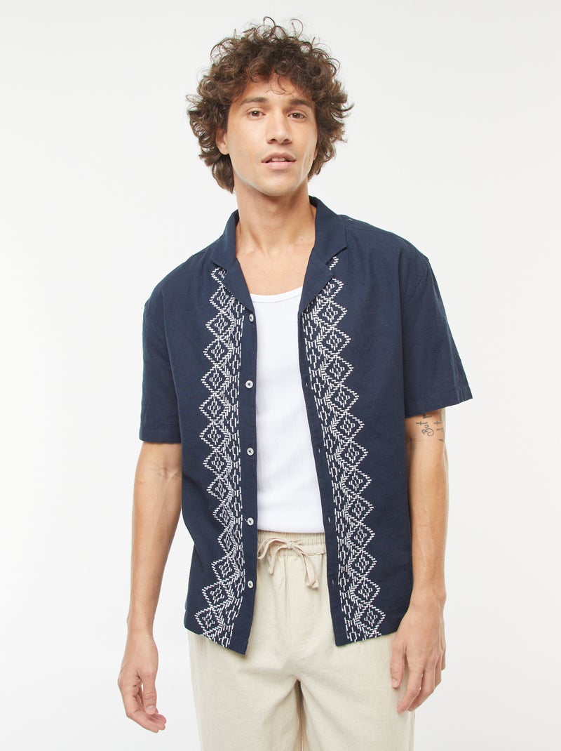 Camisa de manga corta de mezcla de lino con bordados azul - Kiabi