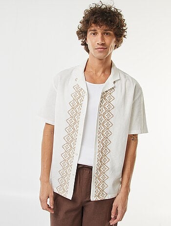 Camisa de manga corta de mezcla de lino con bordados