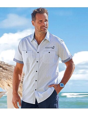 Camisa piloto de popelín de algodón manga corta cuello de puntas libres ocean