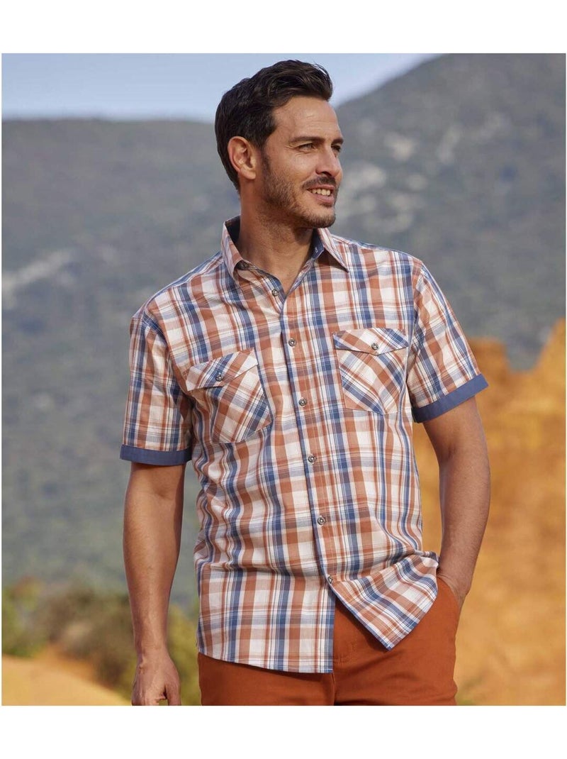 Camisa de manga corta de popelín de algodón a cuadros Azul Rojo - Kiabi