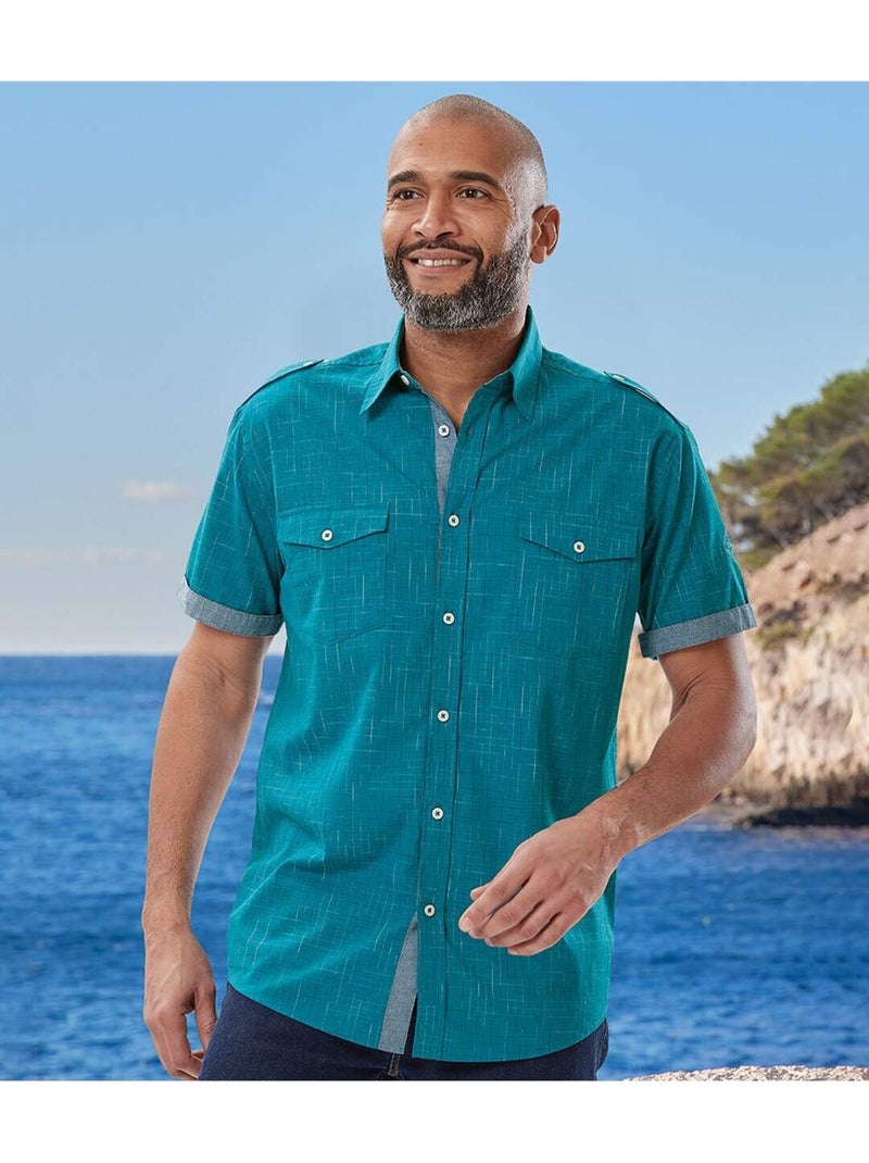 Camisa de manga corta de popelín de cuadros yachting sail coast Azul petróleo - Kiabi