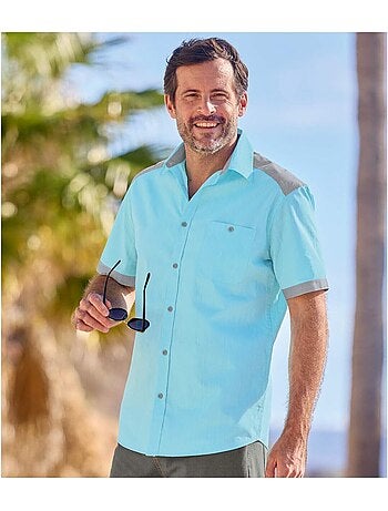 Camisa de manga corta de popelín flameado con cuello de puntas libres