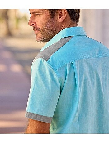 Camisa de manga corta de popelín flameado con cuello de puntas libres