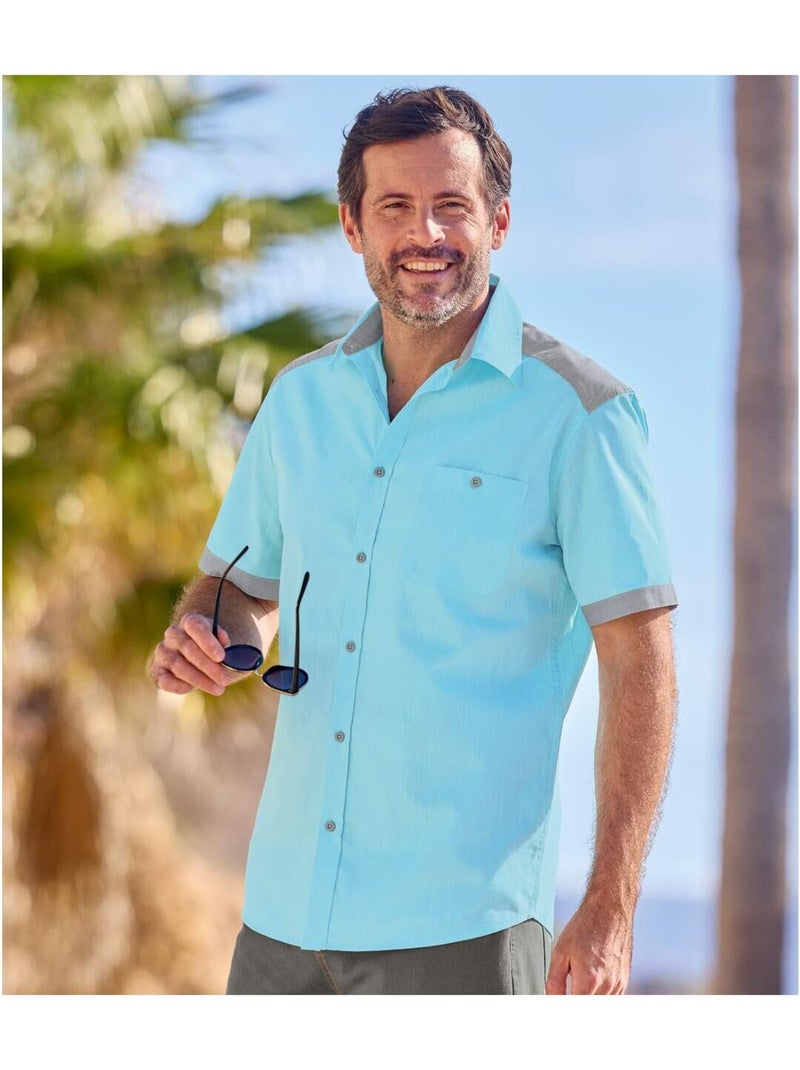 Camisa de manga corta de popelín flameado con cuello de puntas libres Azul turquesa - Kiabi