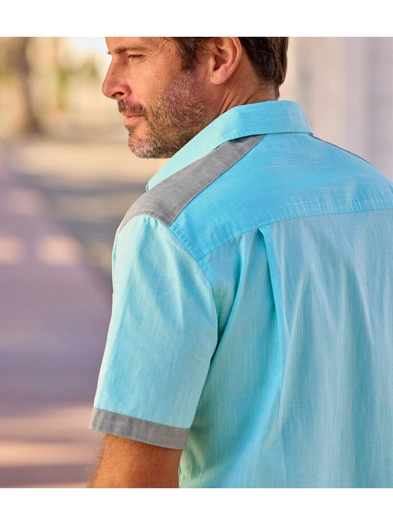 Camisa de manga corta de popelín flameado con cuello de puntas libres Azul turquesa - Kiabi