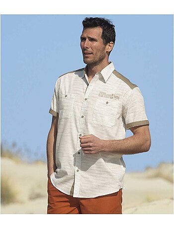 Camisa de manga corta de popelín flameado con cuello de puntas libres
