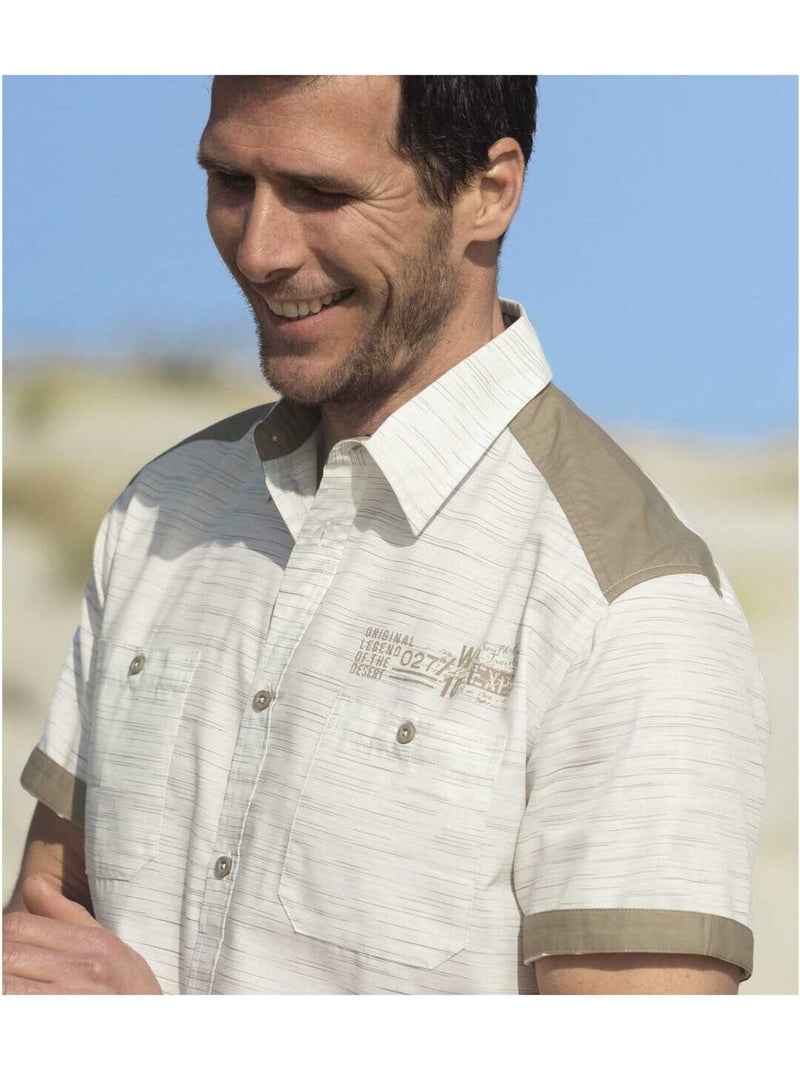 Camisa de manga corta de popelín flameado con cuello de puntas libres Beige - Kiabi