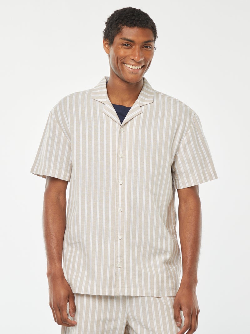 Camisa de manga corta de rayas de mezcla de lino Beige - Kiabi