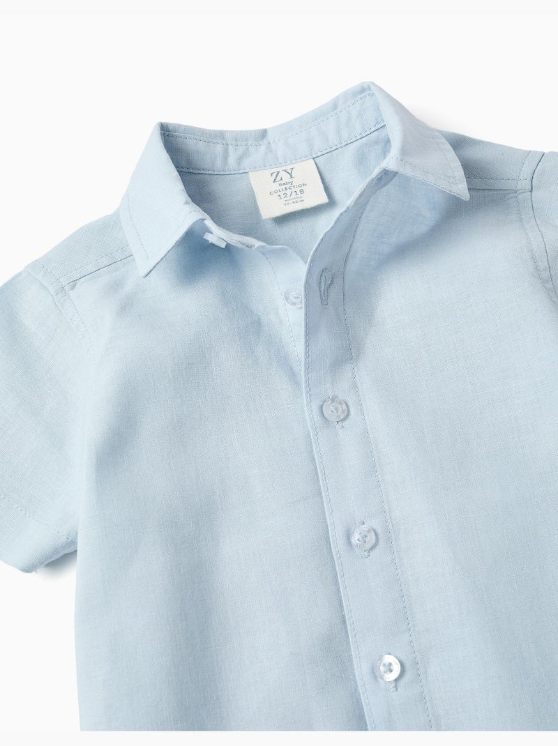 Camisa de manga corta en lino y algodón Azul claro - Kiabi