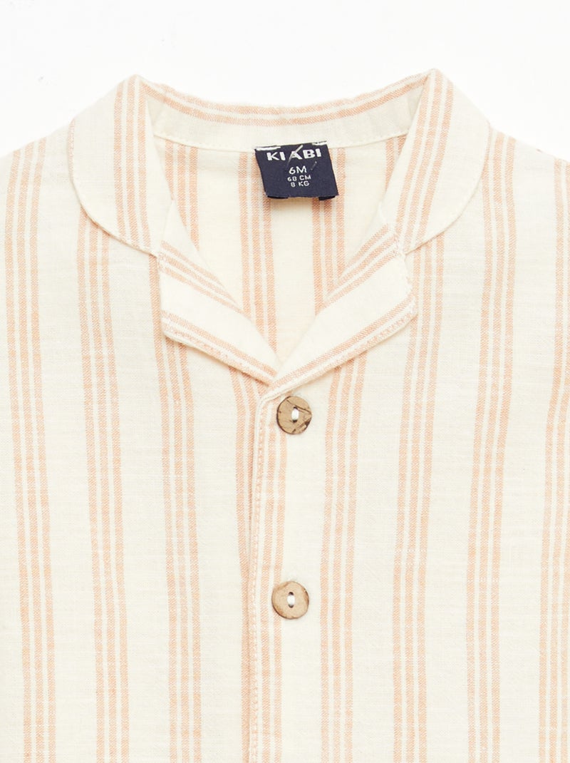 Camisa de manga corta en mezcla de algodón y lino Beige - Kiabi