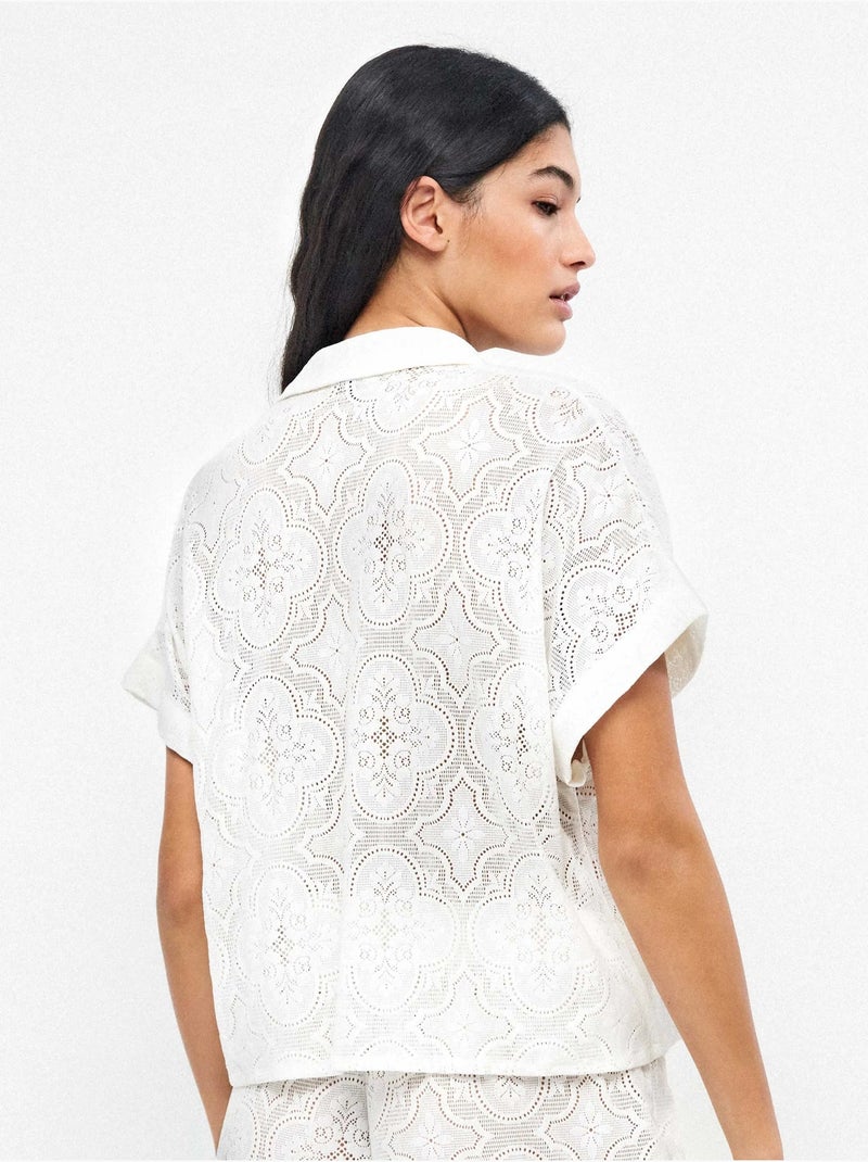 Camisa de manga corta en tejido de encaje elástico Blanco - Kiabi