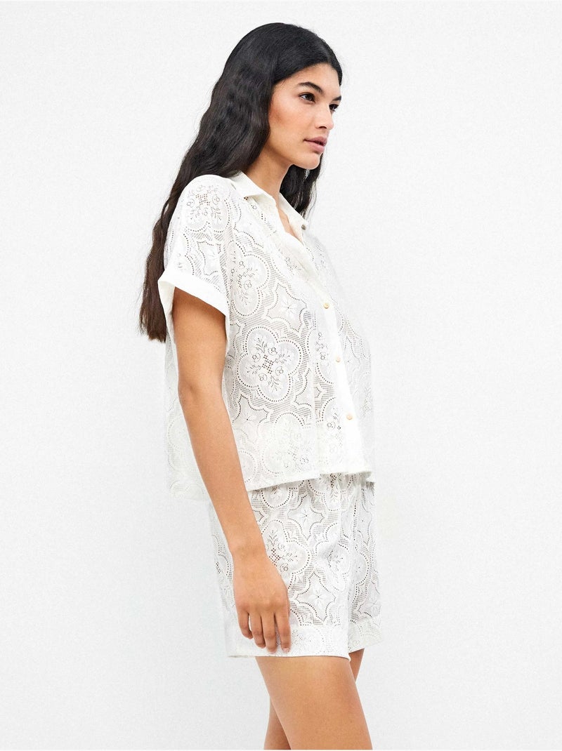 Camisa de manga corta en tejido de encaje elástico Blanco - Kiabi