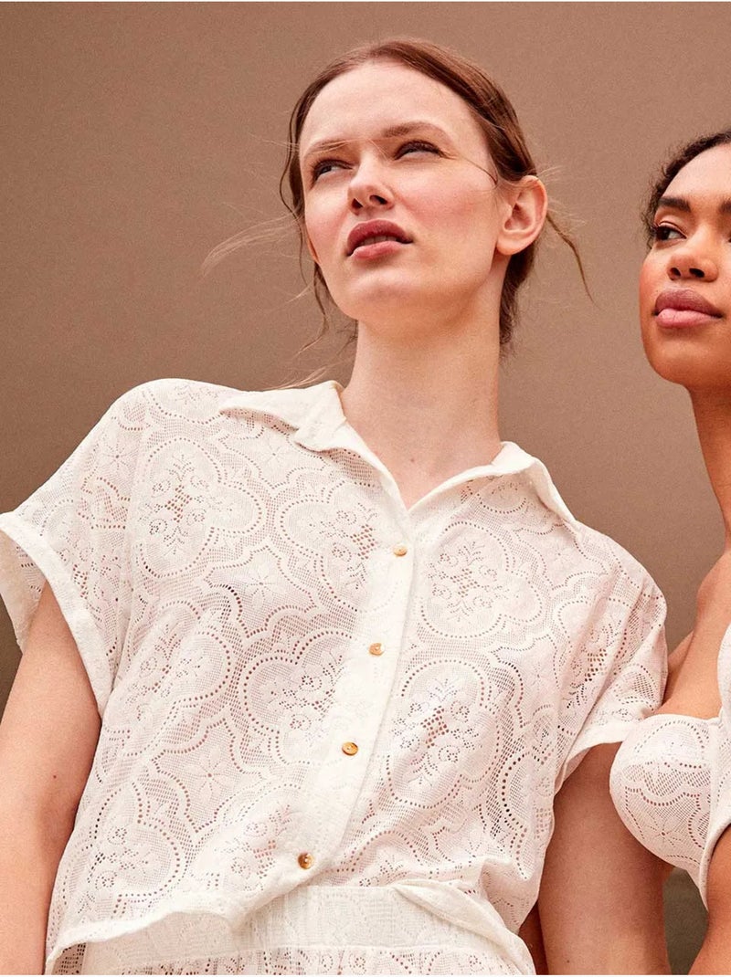Camisa de manga corta en tejido de encaje elástico Blanco - Kiabi