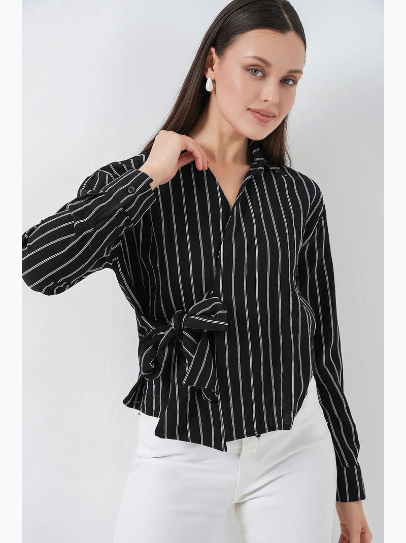 Camisa de manga larga a rayas con detalle de lazo bdart Negro - Kiabi