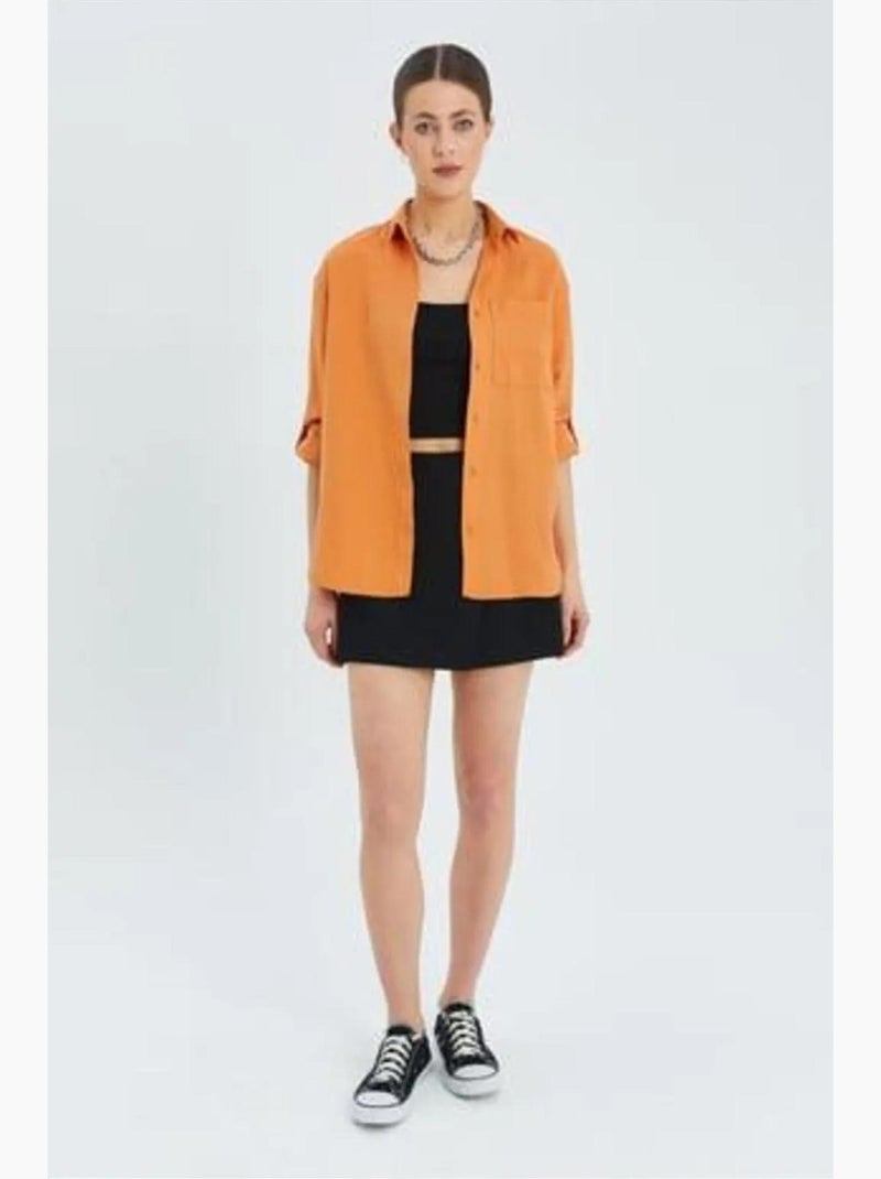 Camisa de manga larga abotonada con bolsillo mixray Naranja mandarina - Kiabi